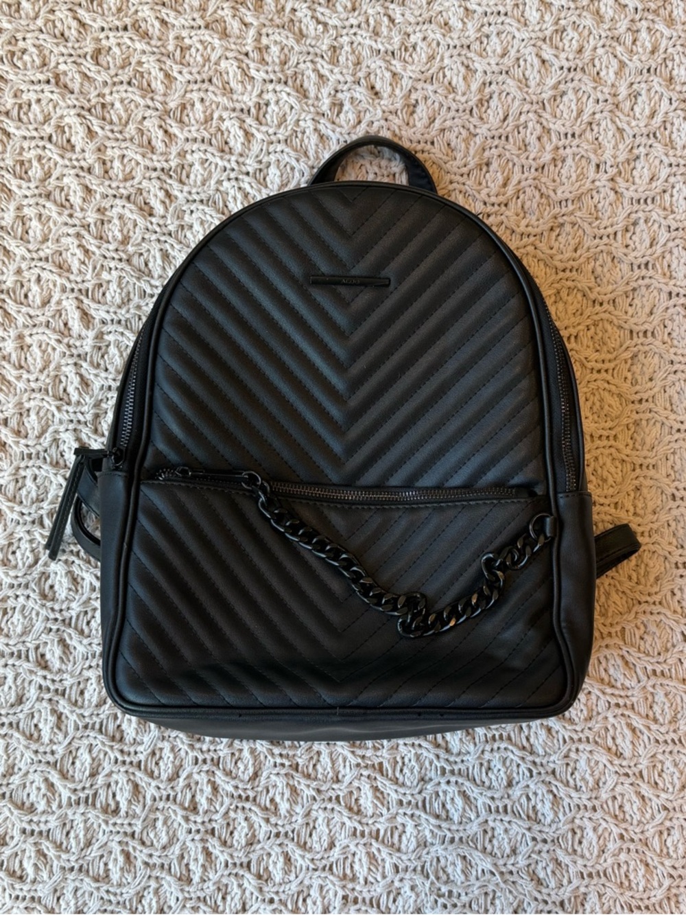 Aldo Black Quilted Chevron Mini Backpack with Chain Accent